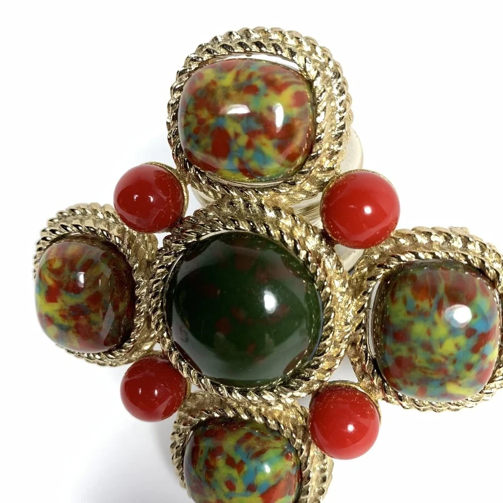 Vintage Sarah Coventry Signed Large Mosaic Maltese Cross‎ Brooch Pin Gold Tone